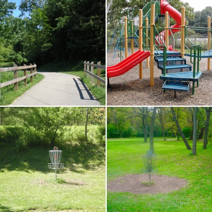 Four views of the Park highlighting disc golf, a paved walking trail and the playground